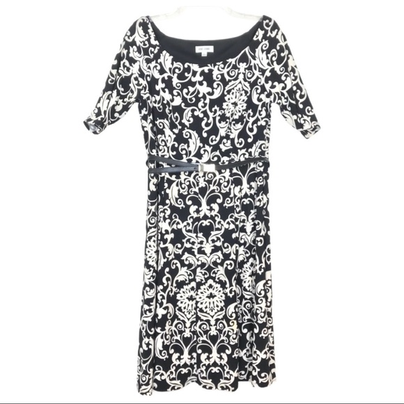 Jones Studio Black and White Belted Swing Midi Dress size 6 - Picture 1 of 7